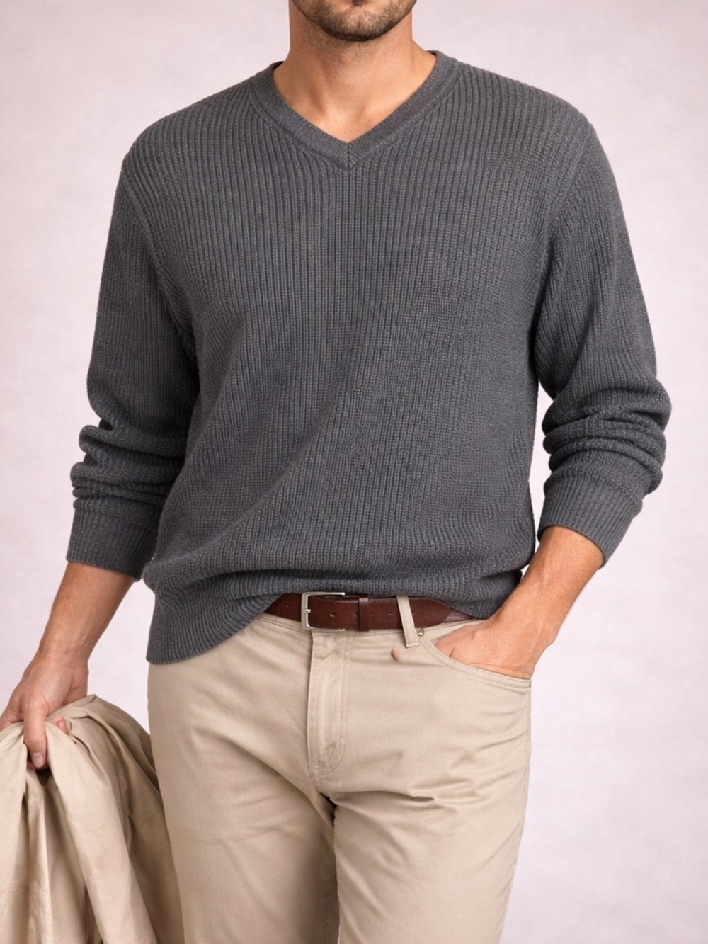 Guy Z Mens Ribbed Cotton Sweater L Gray Thick Cozy Classic‎ Everyday Essential